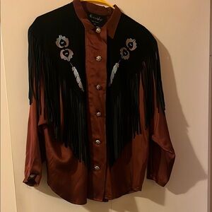 Twisted Black and Brown Fringe Button Down Shirt